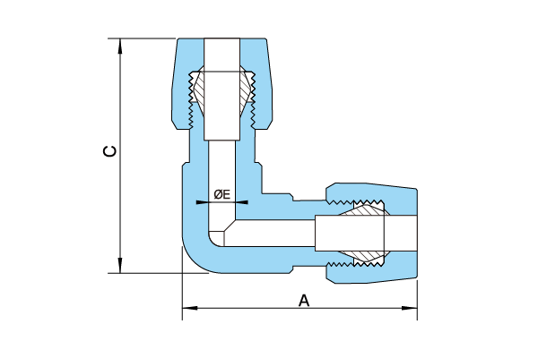 PTFE L-TYPE UNION ELBOW Union TFM Union Elbow Dimensional Drawing